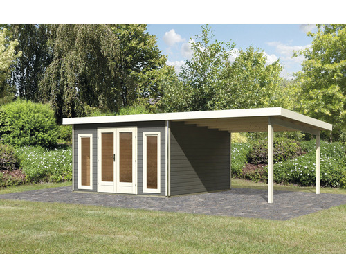 Abri de jardin en bois avec espace de stationnement couvert dans le jardin