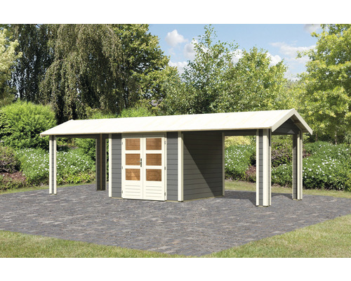 Abri de jardin Karibu Theresa 3 avec 2 éléments d'extension de toit 767 x 288 cm gris terre cuite