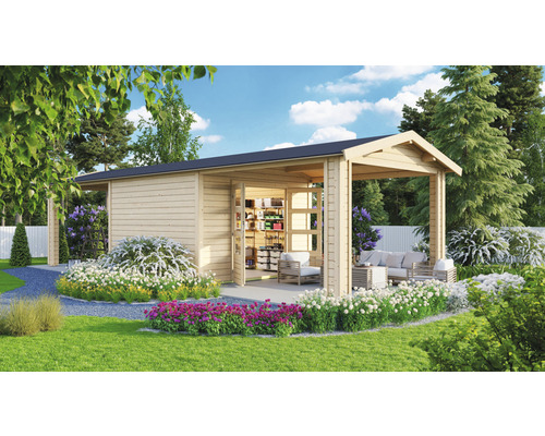 Abri de jardin Karibu Theresa 7 avec 2 éléments d'extension de toit 947 x 348 cm nature