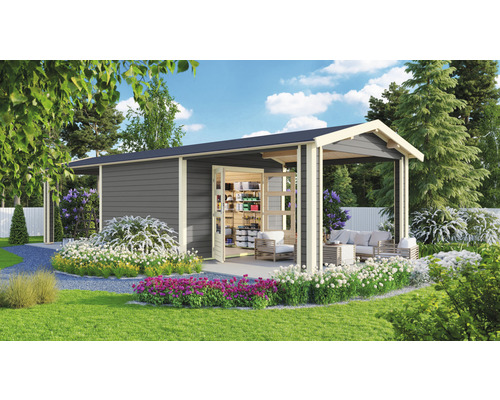 Abri de jardin Karibu Theresa 7 avec 2 éléments d'extension de toit 947 x 348 cm gris terre cuite