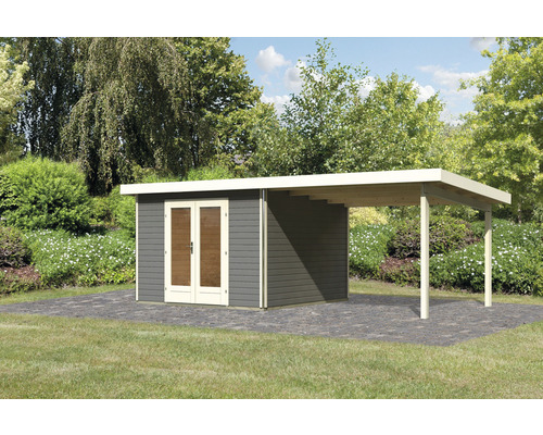 Abri de jardin Karibu Badeburg 1 avec extension de toit de 3,3 m 664 x 331,5 cm gris terre cuite
