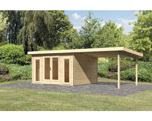 Abri de jardin Karibu Badeburg 2 avec extension de toit de 3,3 m 724 x 331,5 cm nature