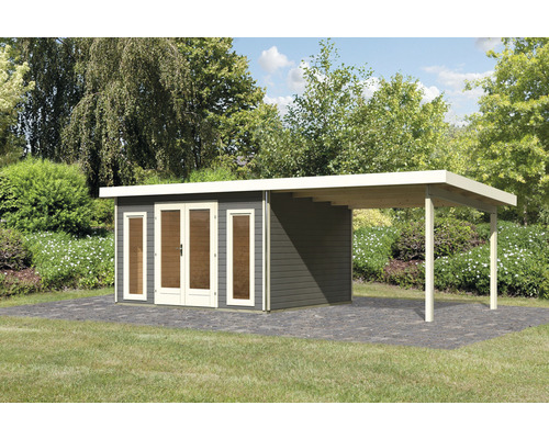 Abri de jardin Karibu Badeburg 2 avec extension de toit de 3,3 m 724 x 331,5 cm gris terre cuite