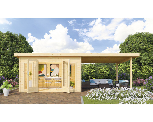 Abri de jardin Karibu Badeburg 3 avec extension de toit de 3,3 m 724 x 393 cm nature