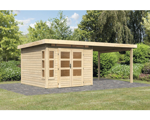 Abri de jardin Karibu Kastorfa 6 avec extension de toit de 3,2 m 612 x 303 cm nature Abri de jardin Karibu Kastorfa 6 avec extension de toit de 3,2 m 612 x 303 cm nature