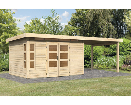 Abri de jardin Karibu Kastorfa 7 avec extension de toit de 3,2 m 702 x 273 cm nature