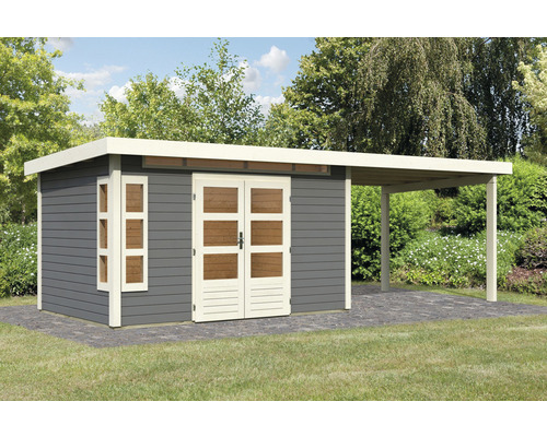 Abri de jardin Karibu Kastorfa 7 avec extension de toit de 3,2 m 702 x 273 cm gris terre cuite