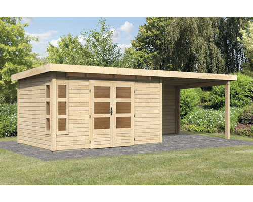 Abri de jardin Karibu Kastorfa 7 avec extension de toit de 3,2 m et paroi arrière de 702 x 273 cm nature