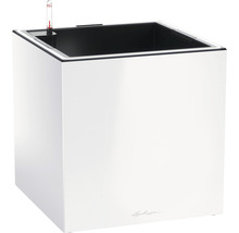 Quadratischer Pflanzkübel mit Bewässerungssystem und Füllstandsanzeige.