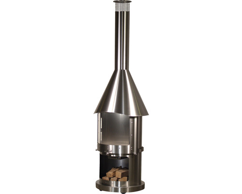 Edelstahl-Gartenkamin mit Holzscheiten