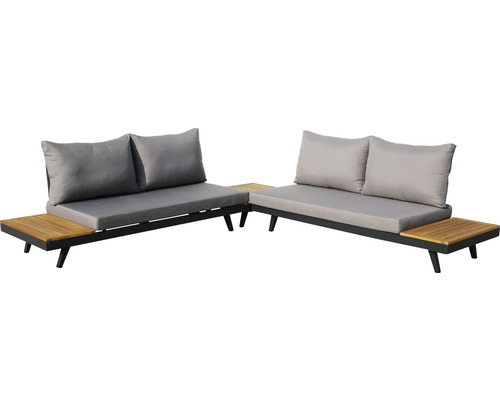 Chaise de jardin acamp Naxos Loungset 78 x 175 x 70 mm aluminium anthracite Deux fauteuils de jardin avec cadre noir, tables en bois et coussins gris