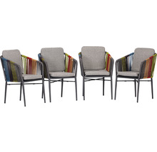 Quatre chaises de jardin avec cordage multicolore et coussins gris