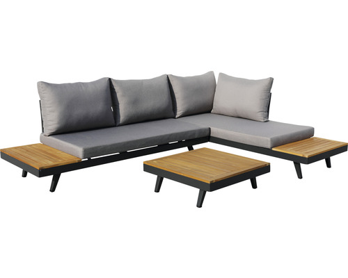 Salon de jardin avec canapé d''angle, coussins et table