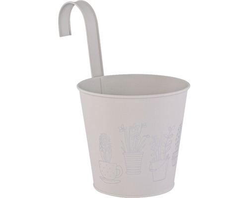 Pot de fleurs en métal avec crochet de suspension et motifs végétaux