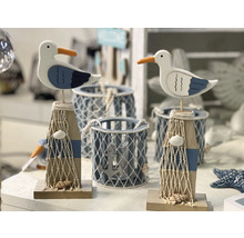 Figurines décoratives de mouettes en bois sur socles maritimes avec décoration en filet et coquillages