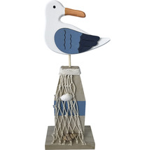 Figurine décorative de mouette en bois avec filet et coquillages, un élément maritime qui attire l''attention