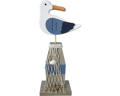 Figurine décorative de mouette en bois avec filet et coquillages, un élément maritime qui attire l''attention