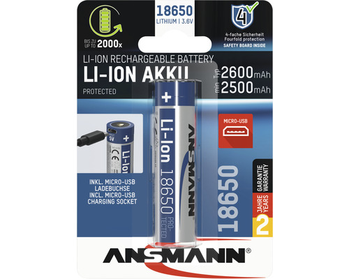 Ansmann Akkubatterie Li-Ion Akku 18650 3,6 V 2600 mAh mit Micro-USB Ladebuchse 1 Stk.