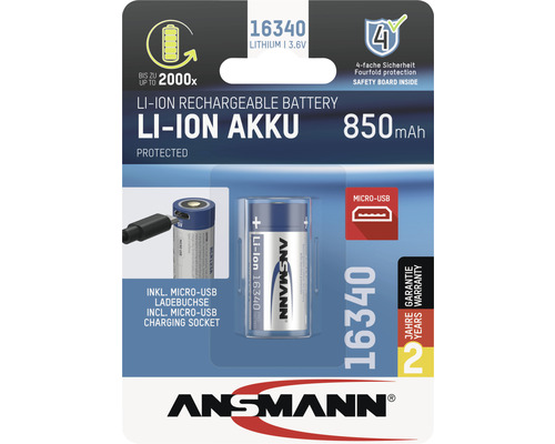 Ansmann Akkubatterie Li-Ion Akku 16340 3,6 V 850 mAh mit Micro-USB Ladebuchse 1 Stk.