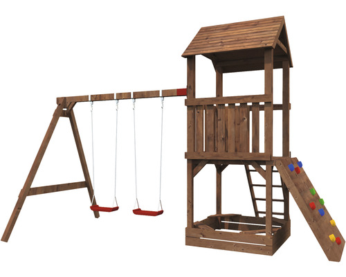 Tour de jeux en bois avec balançoire, toboggan et mur d''escalade
