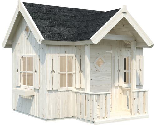 Maisonnette en bois avec toit, porte, fenêtres et véranda pour le jardin