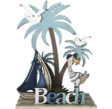 Figurine décorative de plage avec voilier, mouettes et palmier