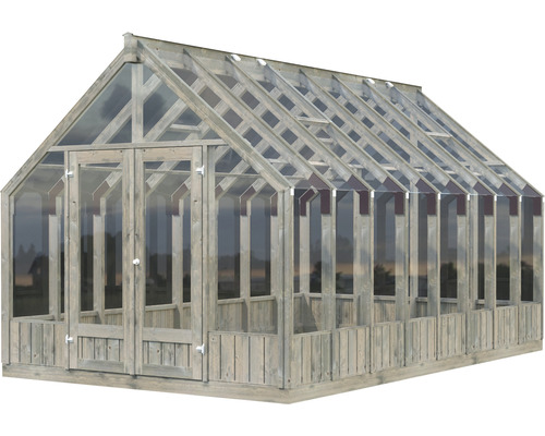 Serre avec cadre en bois et parois en verre