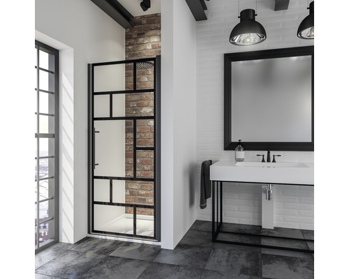 Porte de douche dans une niche SCHULTE ExpressPlus Alexa Style 2.0 90 cm couleur de profilé noir décor de vitre atelier avec revêtement de vitrage résistant à la saleté