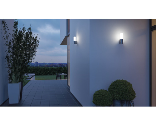 Aussenbereich mit zwei Wandleuchten, Pflanzen und Terrasse