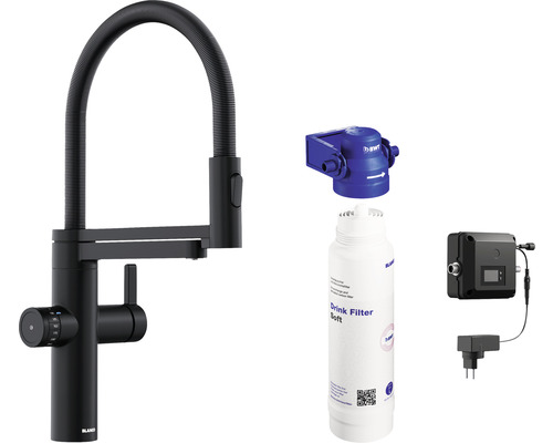 Robinet de cuisine Blanco Fontas II noir mat avec filtre à eau et logo BWT