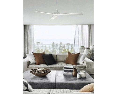Salon avec ventilateur de plafond, canapé, coussins et table basse