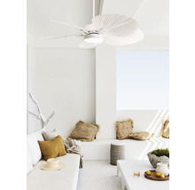 Heller Raum mit Deckenventilator, Sofa und Tisch