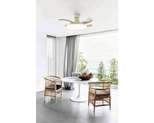 Helles Esszimmer mit Deckenventilator und zwei Stühlen an einem runden Tisch