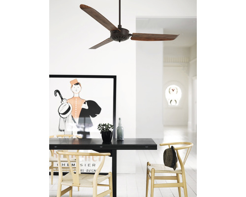 Zimmer mit Deckenventilator, Tisch und Stühlen