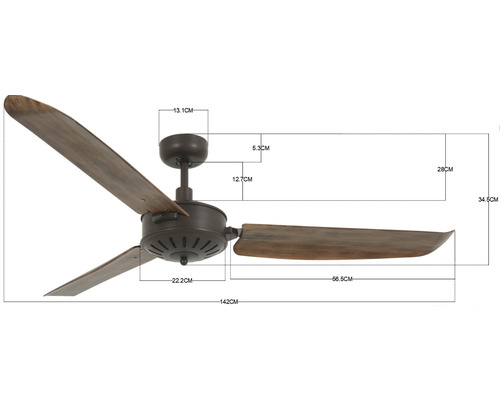 Deckenventilator mit drei Flügeln und Maßangaben