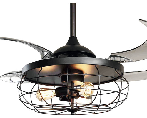 Deckenventilator mit transparenten Flügeln und Käfigleuchte