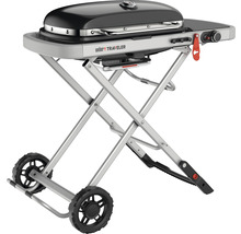 Weber Traveler Gasgrill mit klappbarem Gestell und Rädern.