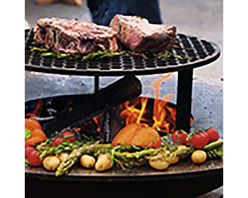 Grill mit Fleisch und Gemüse über offenem Feuer.