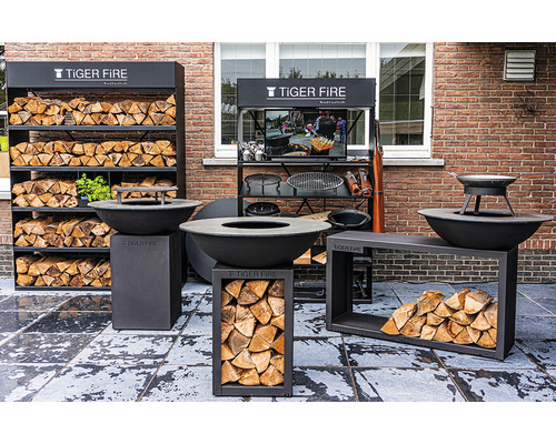 Photo extérieure d''un foyer Tiger Fire avec accessoires et stockage du bois devant un mur de briques.
