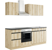 Cuisine équipée avec évier, cuisinière, hotte aspirante et armoires de cuisine en imitation bois