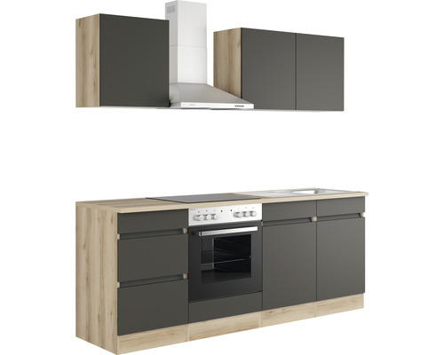 Küchenzeile mit Spüle, Herd, Backofen, Dunstabzugshaube und Hängeschränken