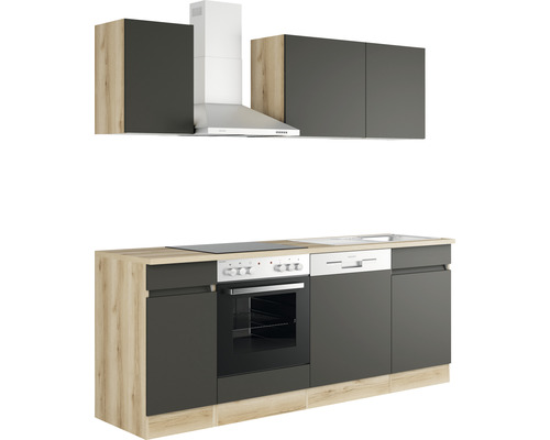 Einbauküche mit Spüle, Herd, Dunstabzugshaube und Hängeschränken