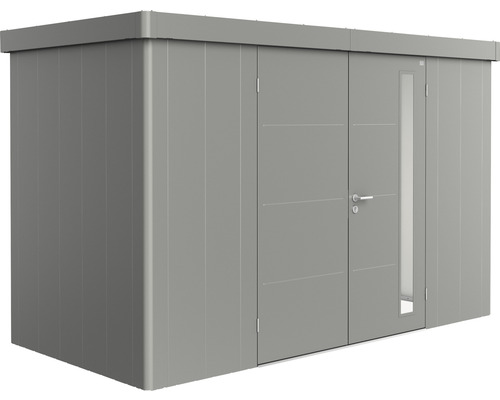 Remise à outils biohort Neo 1D double porte 348 x 180 cm gris quartz-métallique Abri de jardin en métal avec double porte et fenêtre
