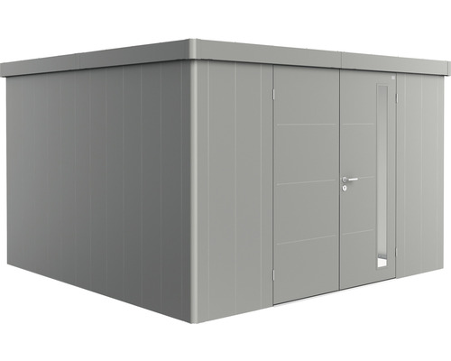 Remise à outils biohort Neo 4D double porte 348 x 348 cm gris quartz-métallique Abri de jardin gris avec double porte et fenêtre latérale