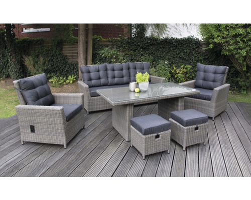 Dining-Set Gartenmöbelset Loungeset 5 -Sitzer bestehend aus: Dreisitzer-Sofa,2 Sessel,2 Hocker,Tisch,inkl, Auflagen Polyrattan Aluminium Braun