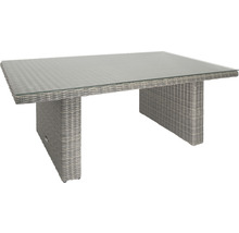 Rechteckiger Gartentisch mit Glasplatte und Rattanstruktur