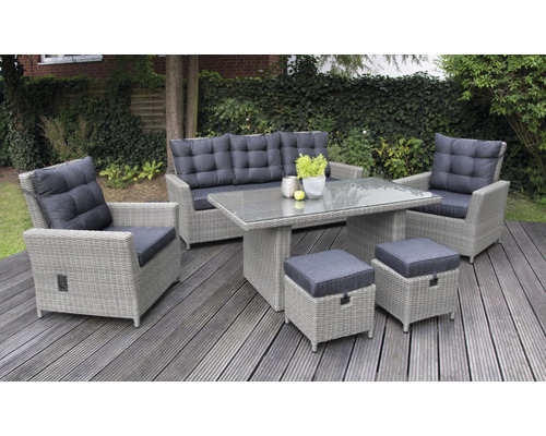 Kit dining set de meubles de jardin set lounge 5 places comprenant: canapé trois places, 2 fauteuils, 2 tabourets, table, avec galettes d'assise rotin synthétique aluminium gris Kit dining set de meubles de jardin set lounge 5 places comprenant: canapé trois places, 2 fauteuils, 2 tabourets, table, avec galettes d'assise rotin synthétique aluminium gris