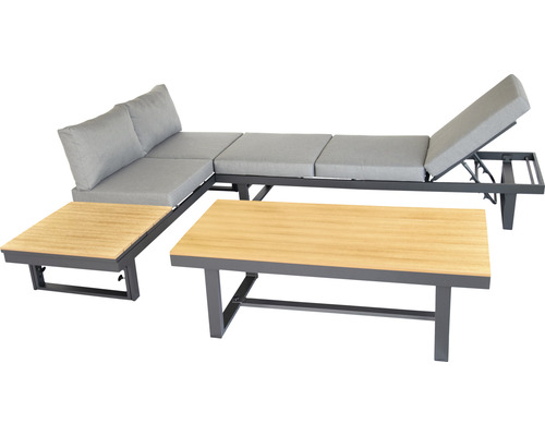 Salon de jardin avec canapé d''angle, chaise longue et deux tables
