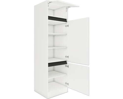 Weisser Küchenhochschrank mit Regalböden und geöffneten Türen