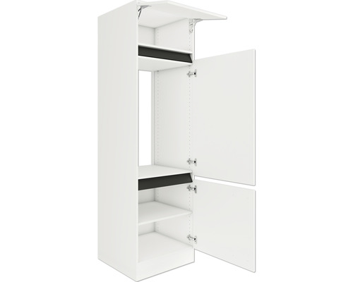 Armoire haute de cuisine ouverte avec étagères et deux portes